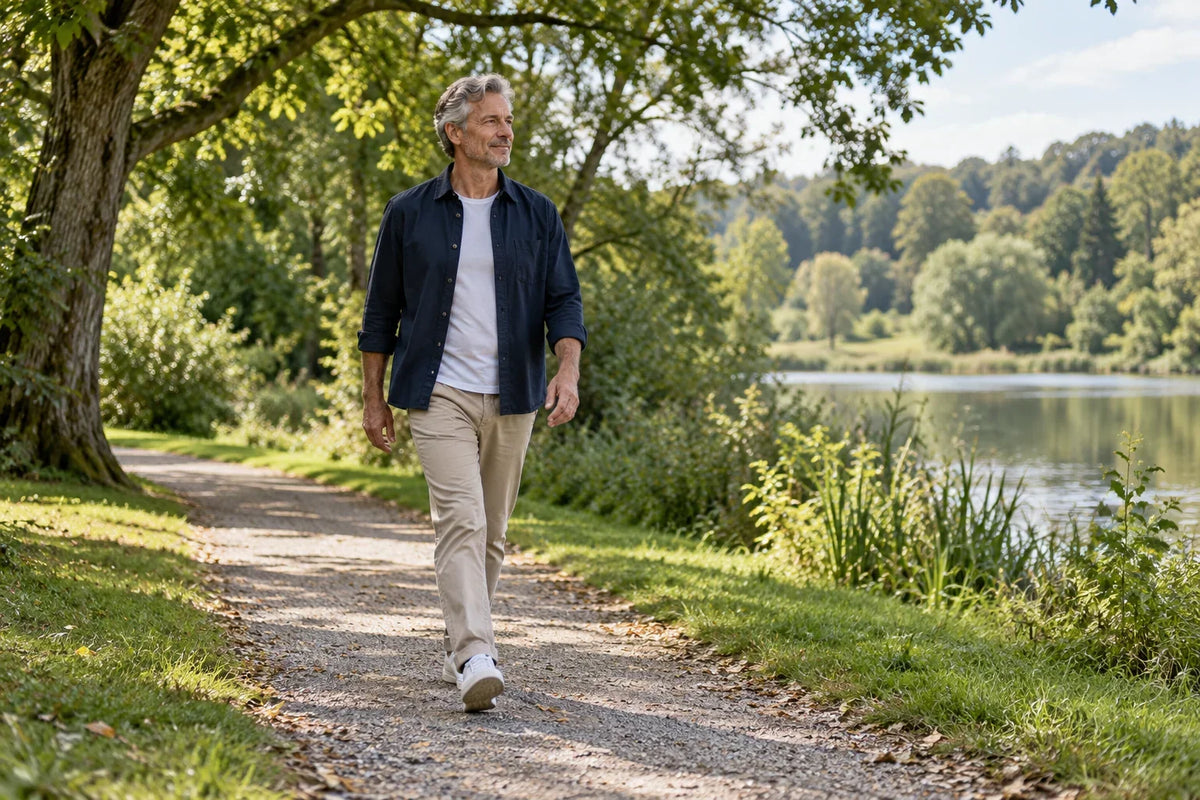 Mann bei einem entspannten Spaziergang in einem grünen Park – KI-generiertes Symbolbild.