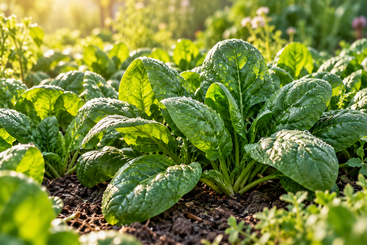 Grüne Spinatblätter mit Tautropfen in einem sonnigen Gartenbeet – KI-generiertes Symbolbild.