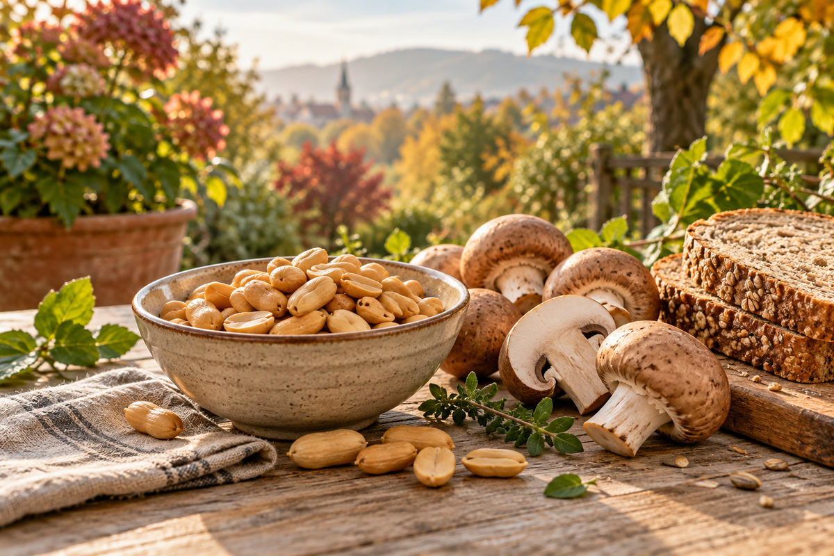 Erdnüsse, Pilze und Vollkornbrot auf einem Holztisch im herbstlichen Garten – KI-generiertes Symbolbild.