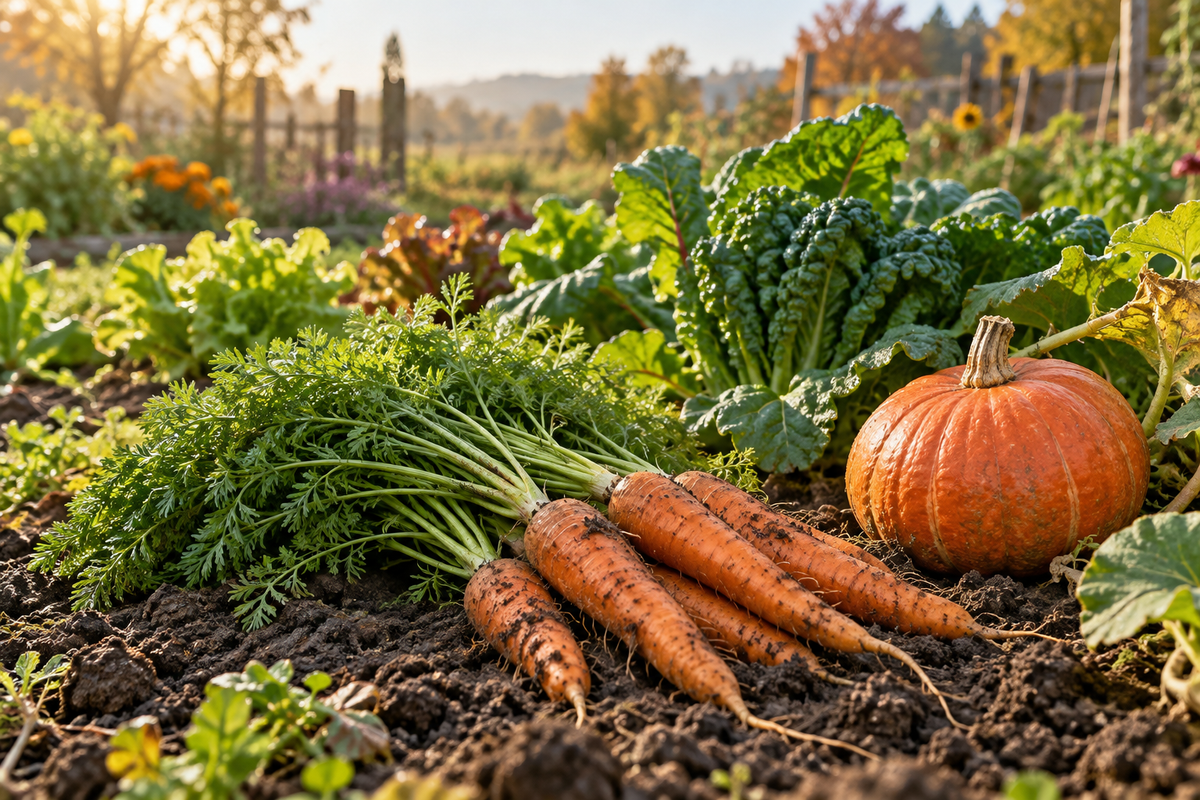 Frisch geerntete Karotten und ein orangefarbener Kürbis im herbstlichen Gemüsegarten – KI-generiertes Symbolbild.