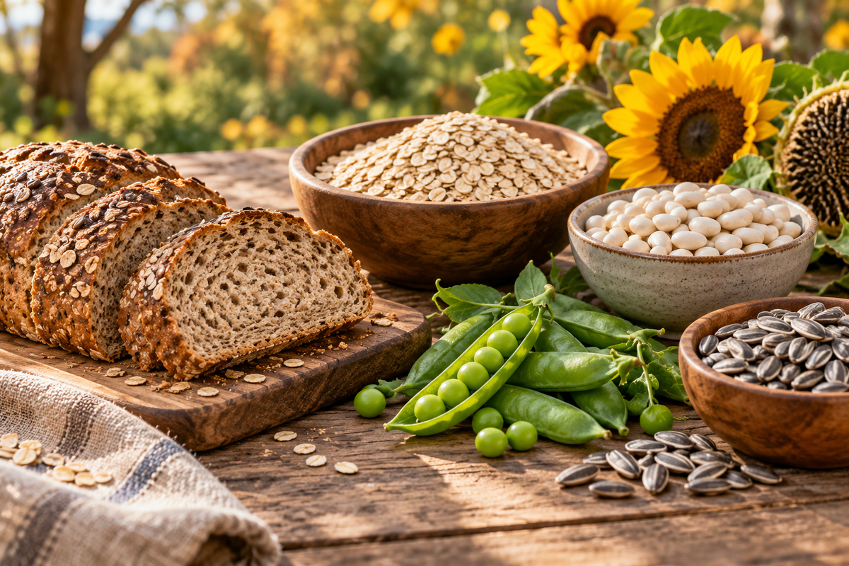 Vollkornbrot, Haferflocken, Hülsenfrüchte und Sonnenblumenkerne auf einem Gartentisch – KI-generiertes Symbolbild.
