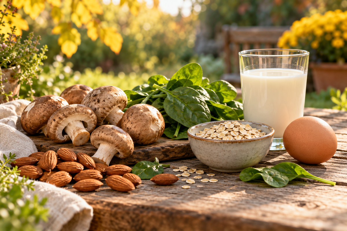 Pilze, Mandeln, Hafer, Spinat, Ei und Milch auf einem Holztisch im herbstlichen Garten – KI-generiertes Symbolbild.