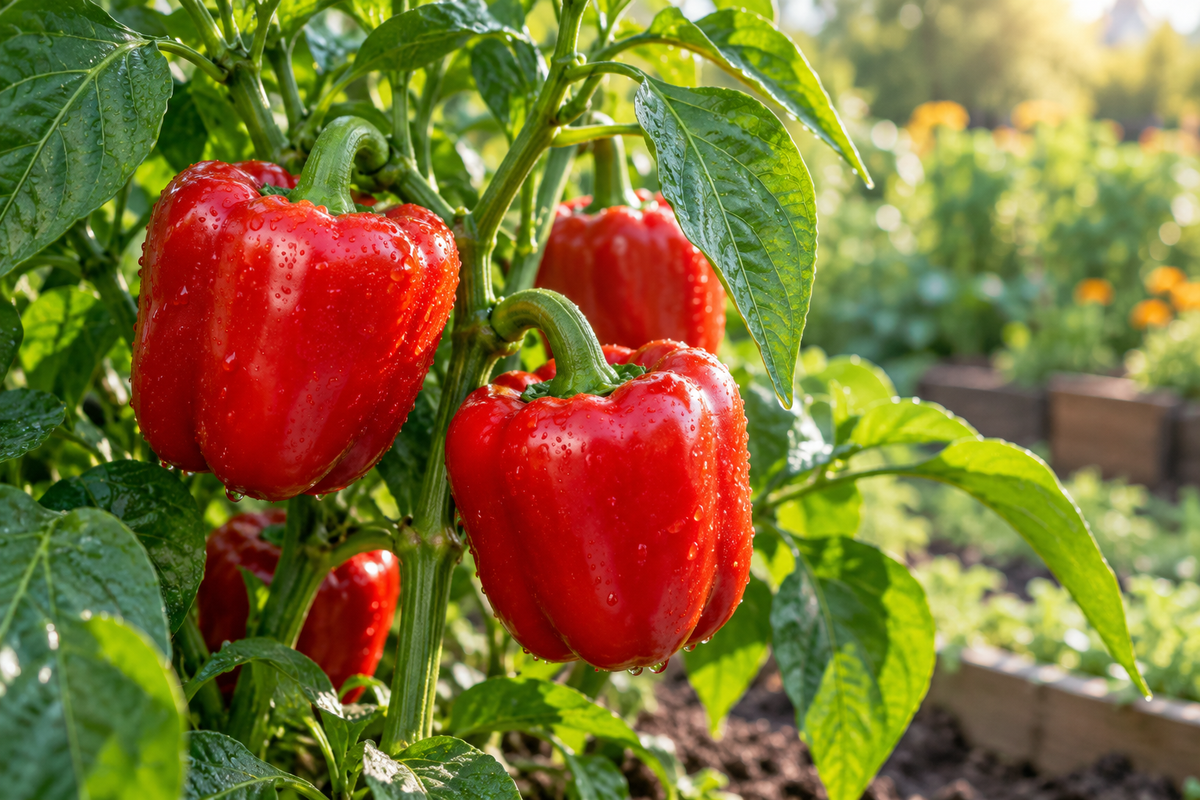 Rote Paprika an grünen Pflanzen im morgendlichen Gartenlicht – KI-generiertes Symbolbild.