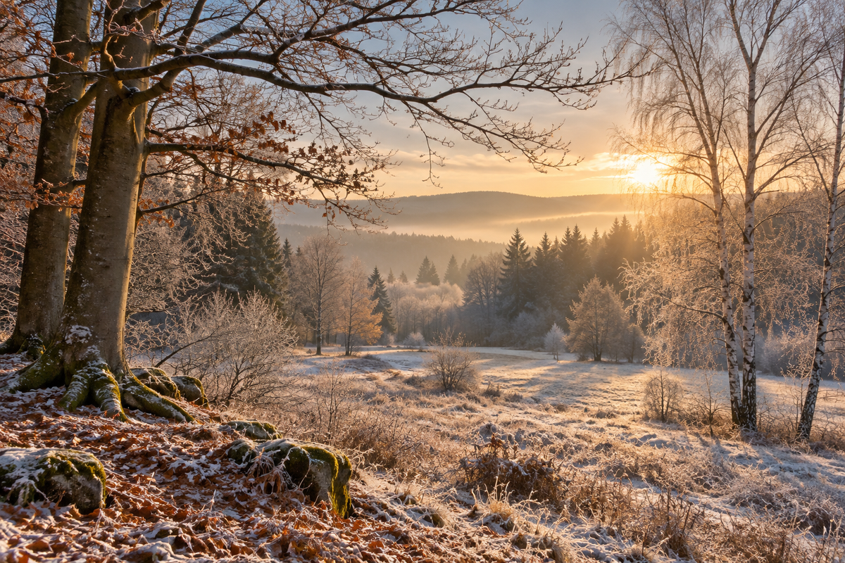 Frostige Waldlandschaft im sanften Wintermorgenlicht – KI-generiertes Symbolbild