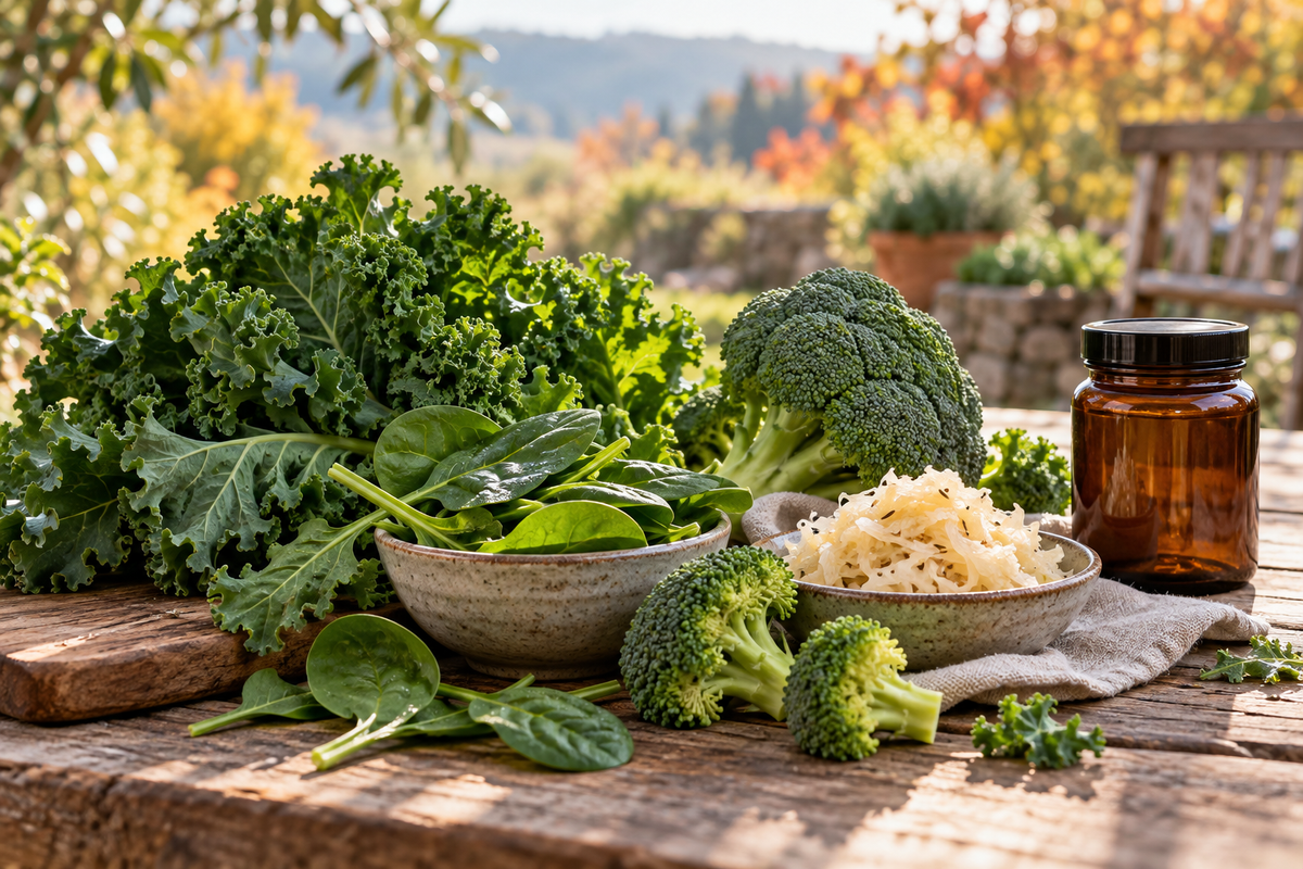 Grünkohl, Spinat, Brokkoli und Sauerkraut neben einem neutralen Braunglas im herbstlichen Garten – KI-generiertes Symbolbild.