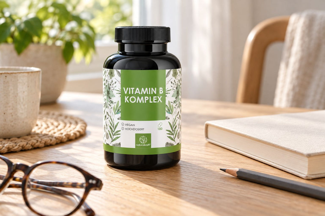 NATURALKRAFT Vitamin-B-Komplex-Kapseln neben Notizbuch und Lesebrille im natürlichen Tageslicht.