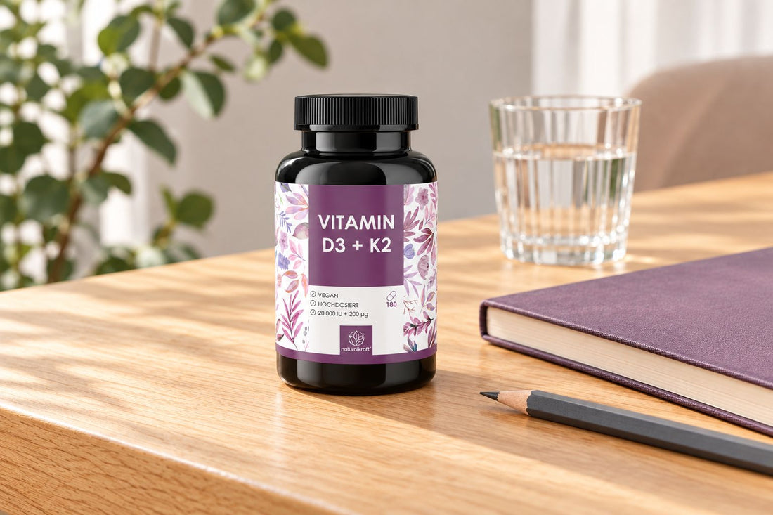 NATURALKRAFT Vitamin-D3-K2-Kapseln neben Notizbuch und Wasserglas