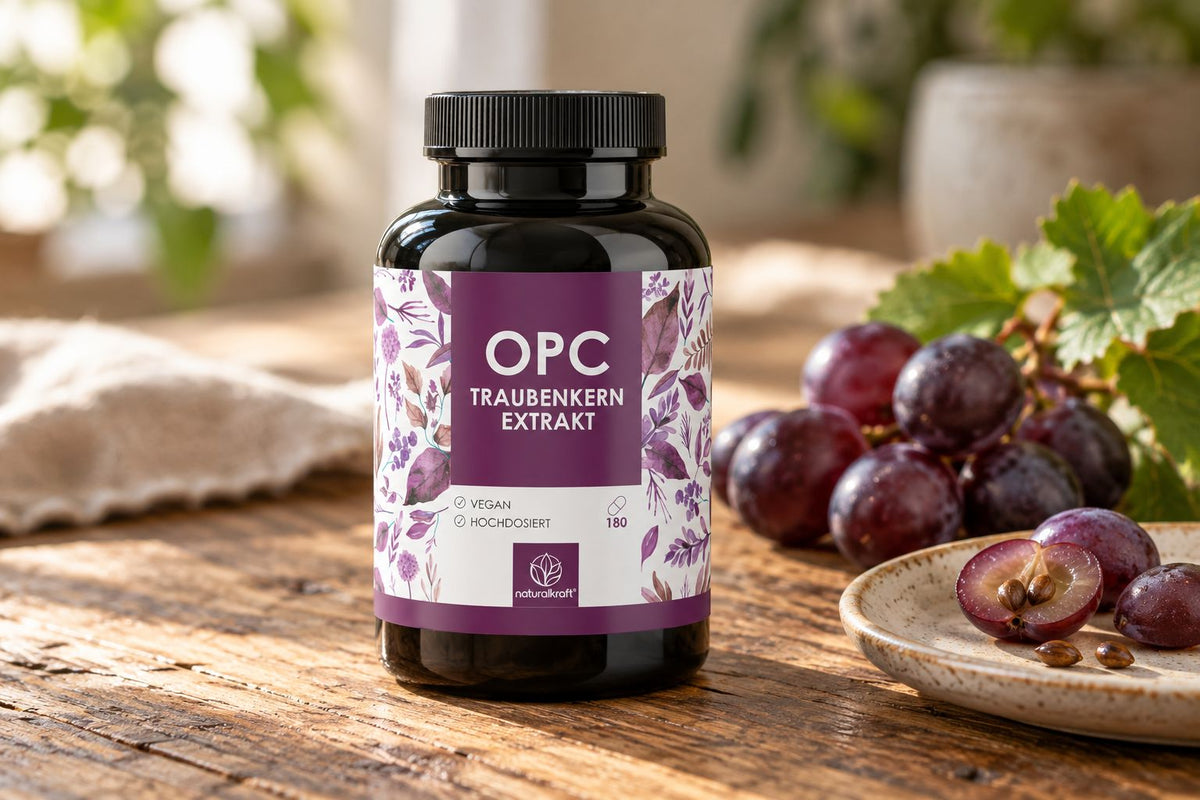 NATURALKRAFT OPC-Traubenkernextrakt-Kapseln neben Trauben und Traubenkernen