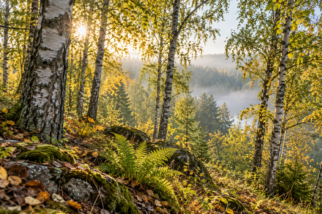 Birken und Farne im herbstlichen Morgenlicht mit Nebel im Hintergrund – KI-generiertes Symbolbild.