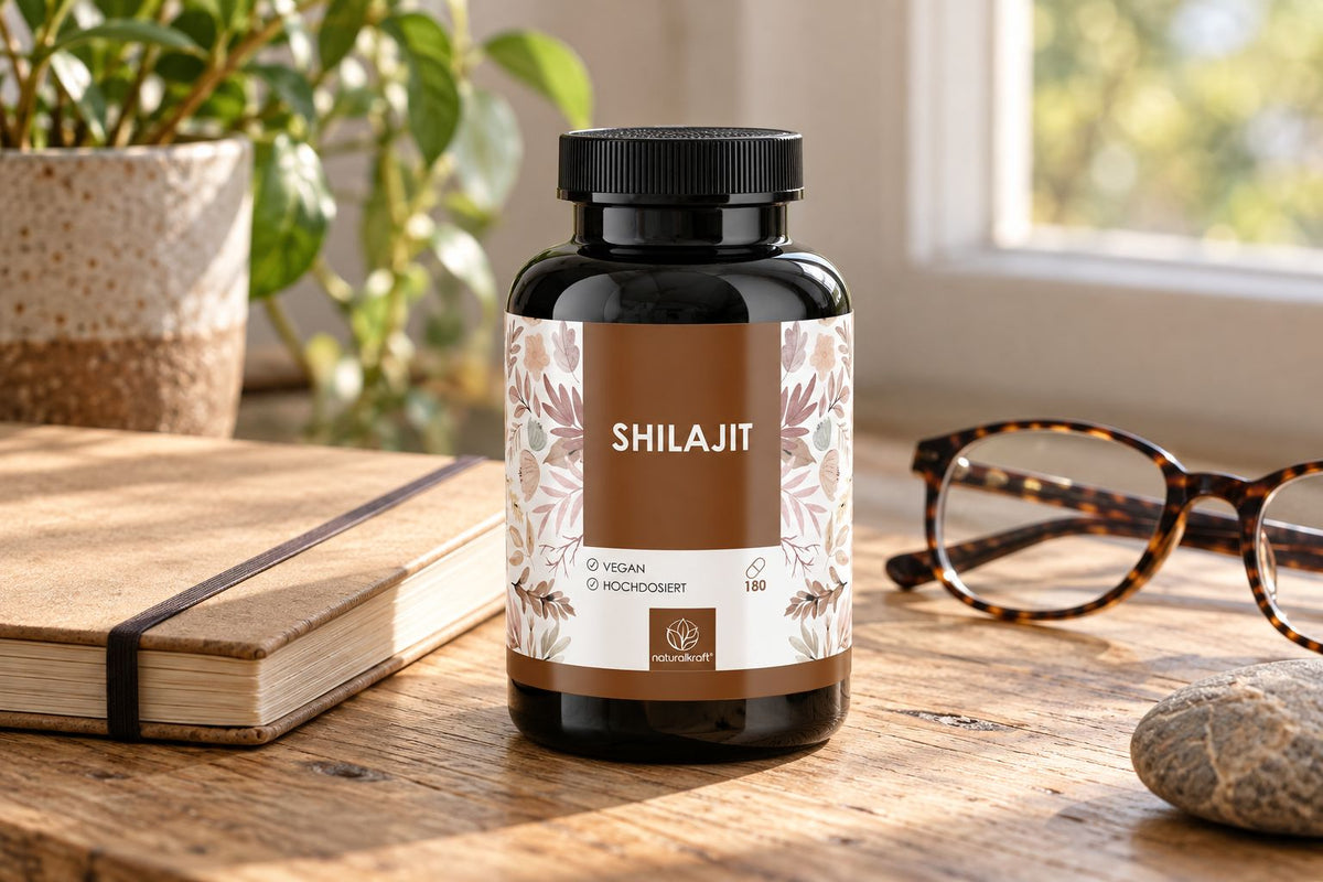 NATURALKRAFT Shilajit-Kapseln auf einem Holztisch neben Notizbuch und Lesebrille.