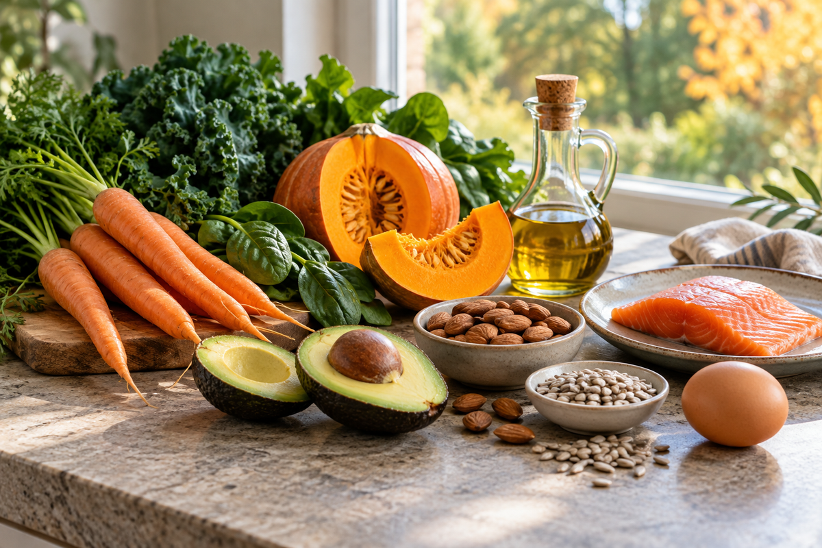 Karotten, Kürbis, Blattgemüse, Avocado, Nüsse, Öl, Ei und Lachs als Lebensmittelbeispiele – KI-generiertes Symbolbild