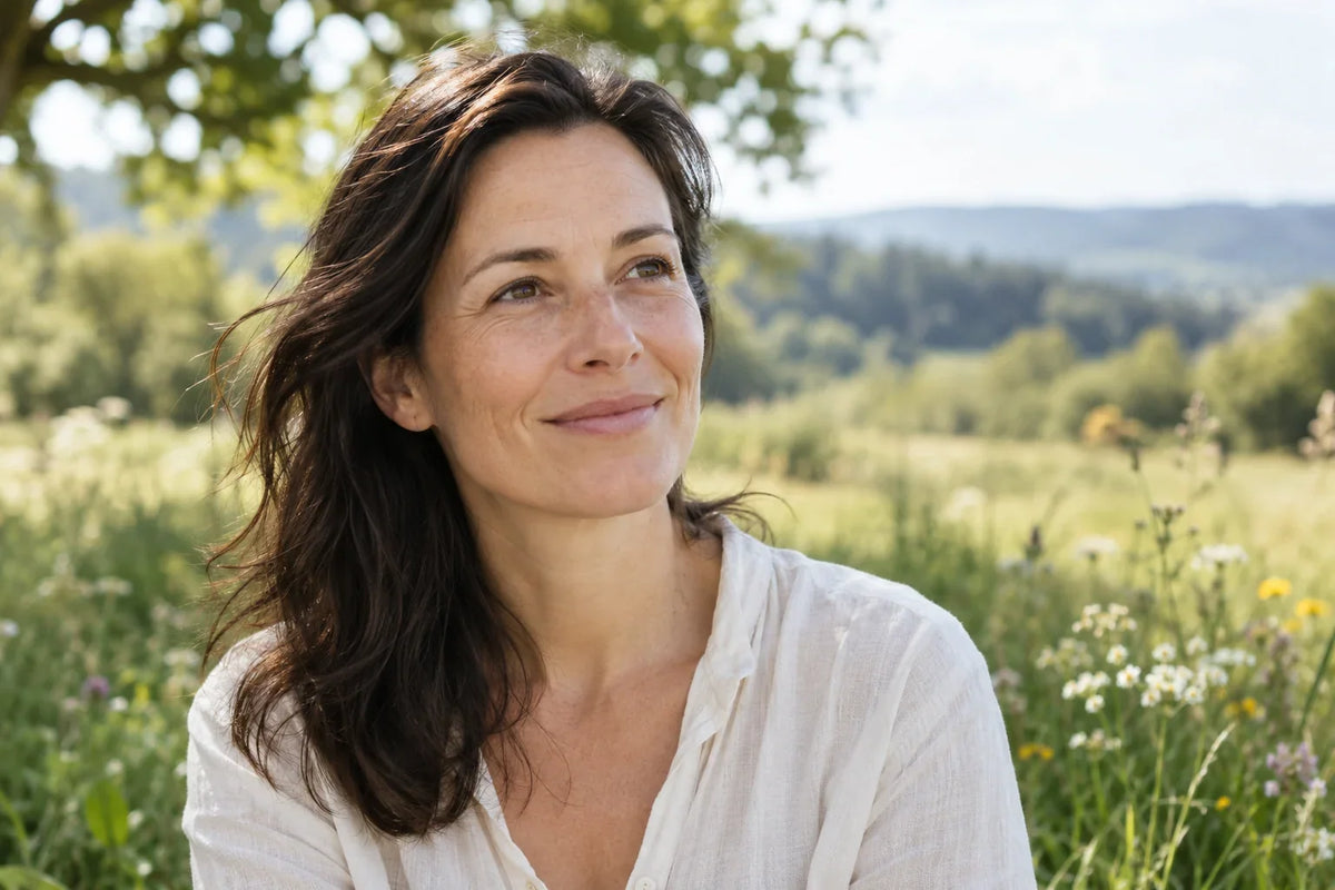 Natürliches Porträt einer Frau auf einer grünen Wiese im weichen Tageslicht – KI-generiertes Symbolbild.