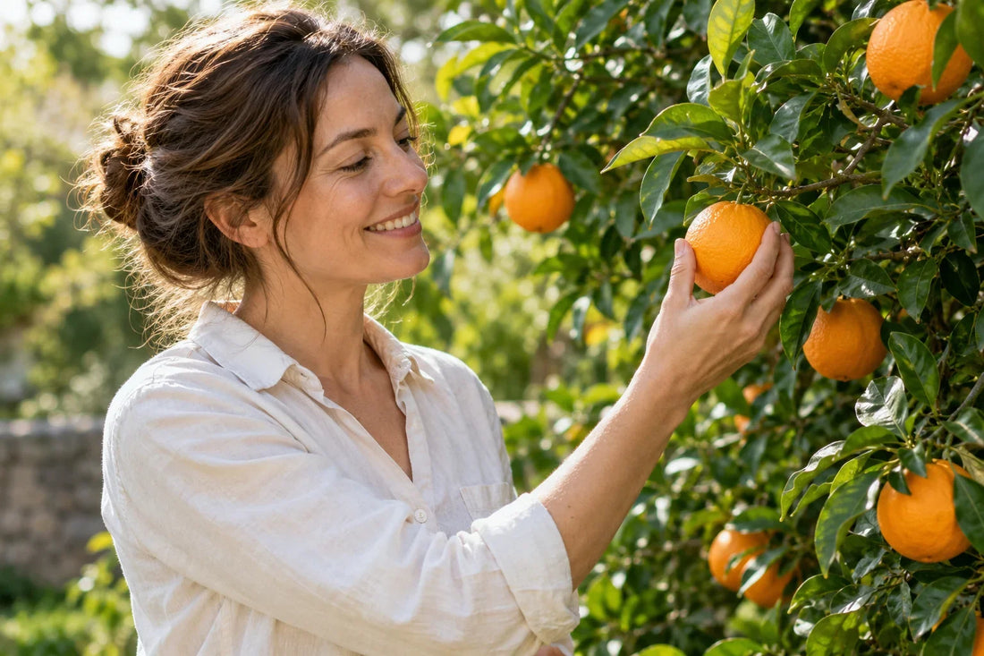 Frau pflückt eine reife Orange von einem Baum im sonnigen Garten – KI-generiertes Symbolbild.