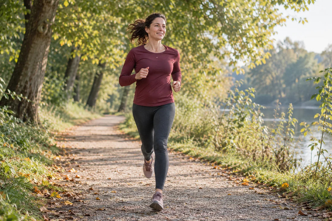Frau beim Joggen auf einem grünen Parkweg im Morgenlicht – KI-generiertes Symbolbild.