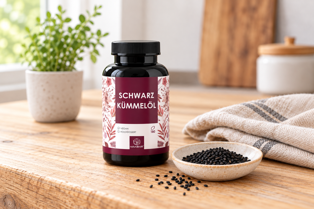 NATURALKRAFT Schwarzkümmelöl-Kapseln mit Schwarzkümmelsamen auf einem Holztisch