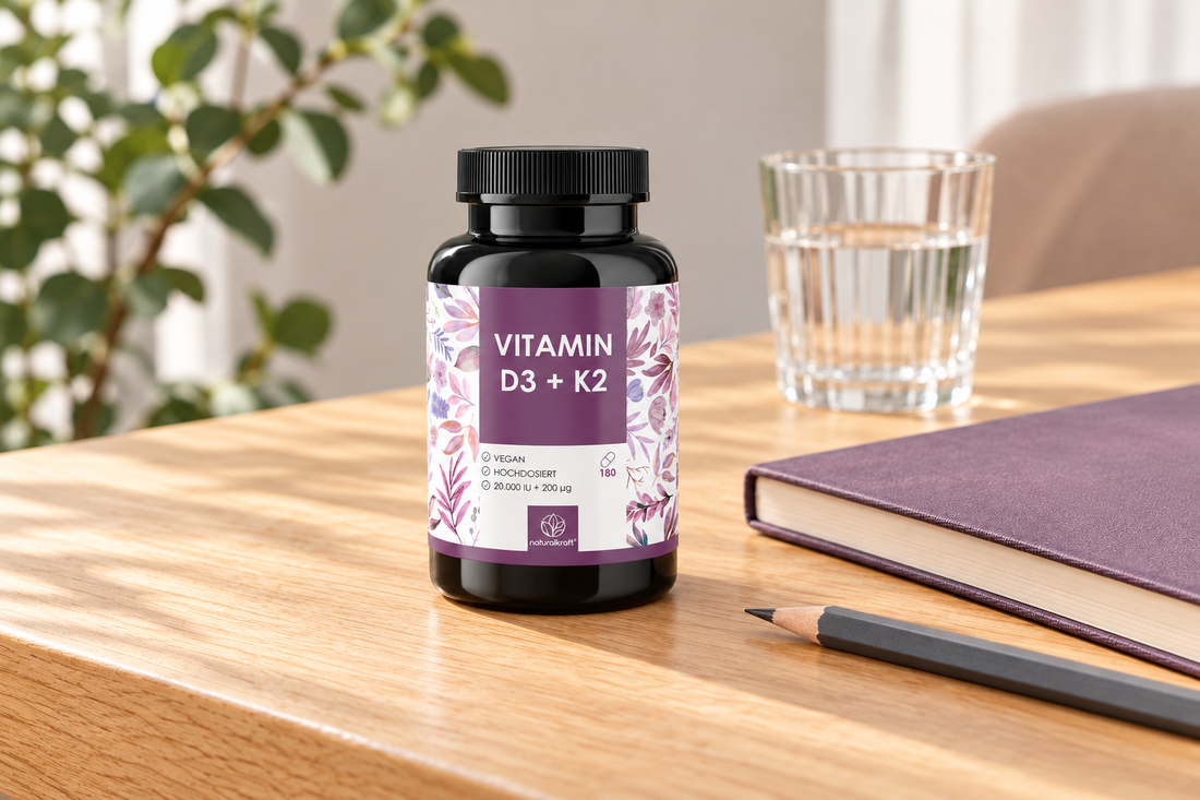 NATURALKRAFT Vitamin-D3-K2-Kapseln neben Notizbuch und Wasserglas