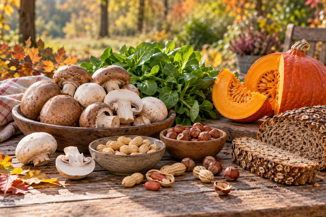 Champignons, Kürbis, Feldsalat, Vollkornbrot und Nüsse auf einem Gartentisch – KI-generiertes Symbolbild.