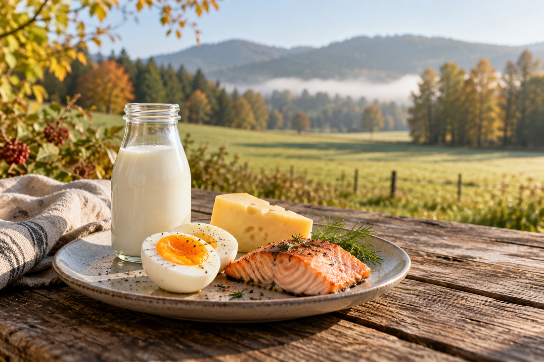 Ei, Milch, Käse und Lachs auf einem Holztisch vor einer herbstlichen Bergwiese – KI-generiertes Symbolbild.