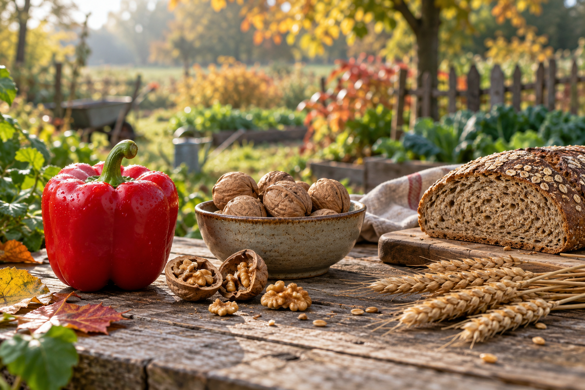 Rote Paprika, Walnüsse, Vollkornbrot und Getreideähren auf einem Gartentisch im Herbst – KI-generiertes Symbolbild.