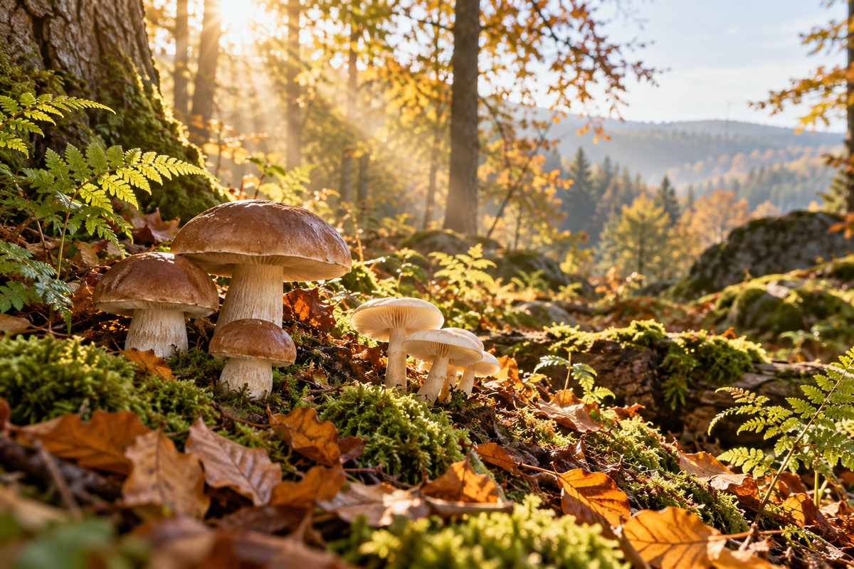 Pilze zwischen Moos und Herbstlaub im warmen Morgenlicht eines Waldes – KI-generiertes Symbolbild.