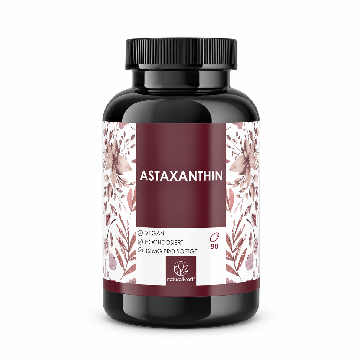 NaturalKraft Astaxanthin 12 mg, Dose mit 90 veganen Softgels vor weißem Hintergrund