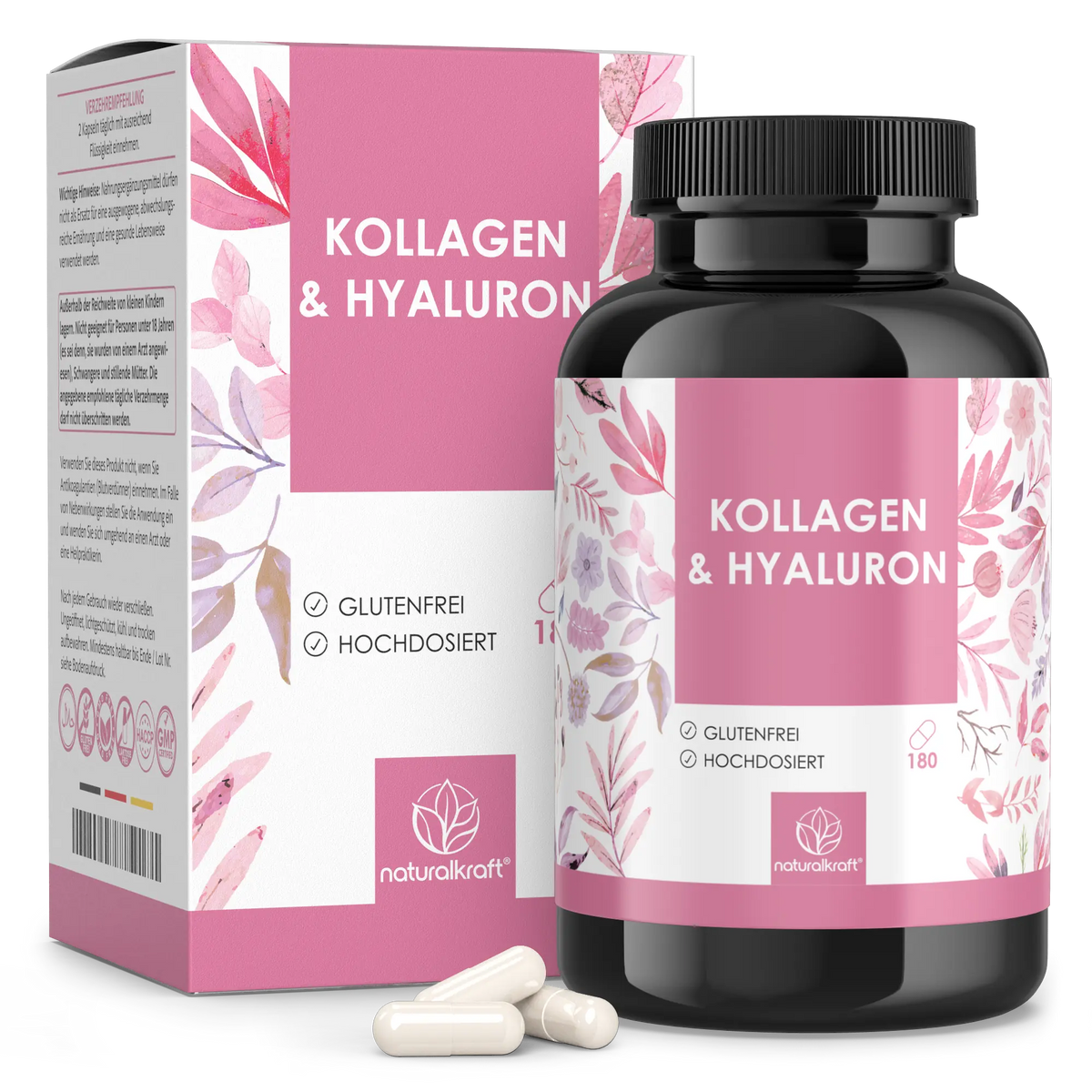 NaturalKraft Kollagen & Hyaluron, 180 Kapseln – Dose mit Umkarton und Kapseln.