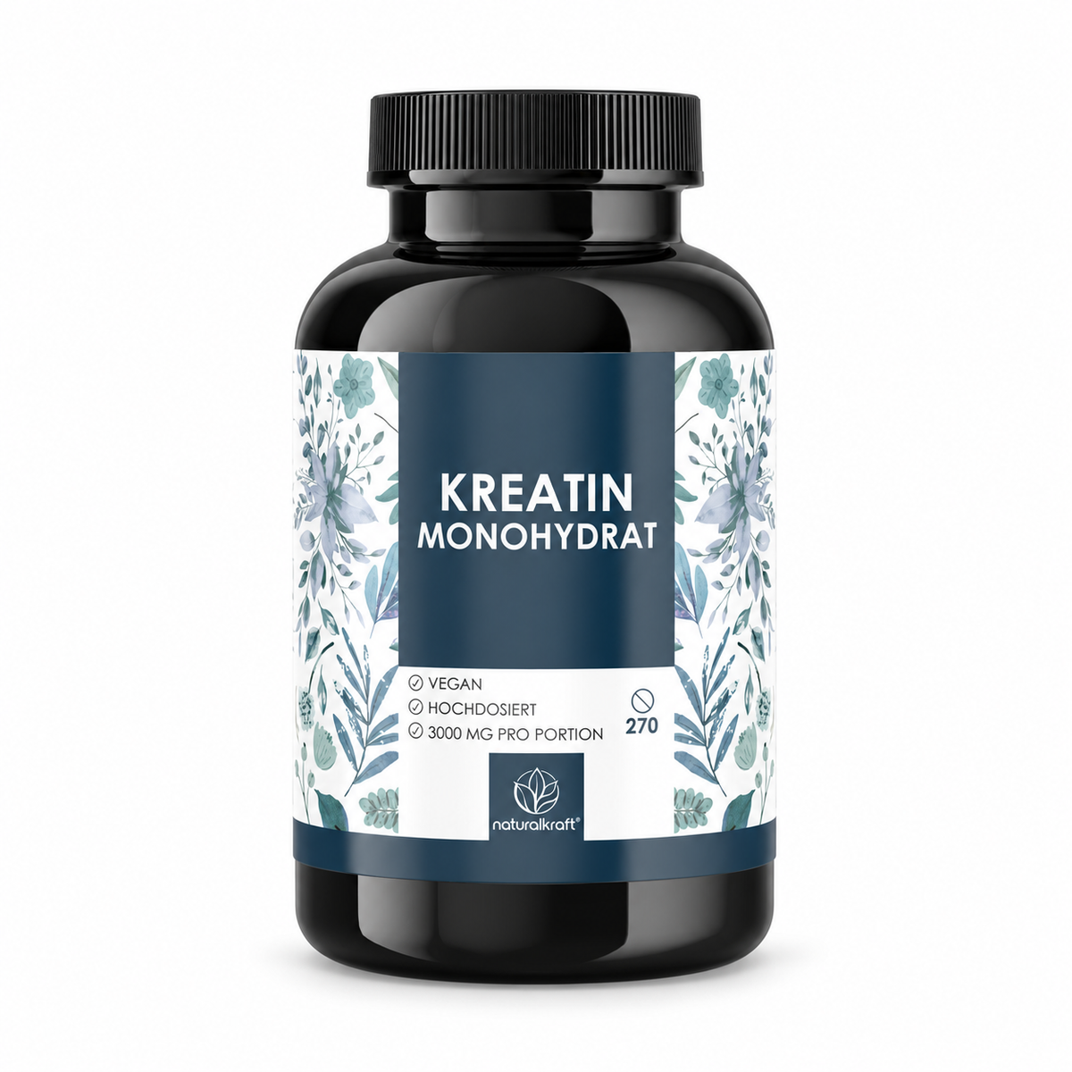 NaturalKraft Kreatin Monohydrat, Dose mit 270 Tabletten vor weißem Hintergrund