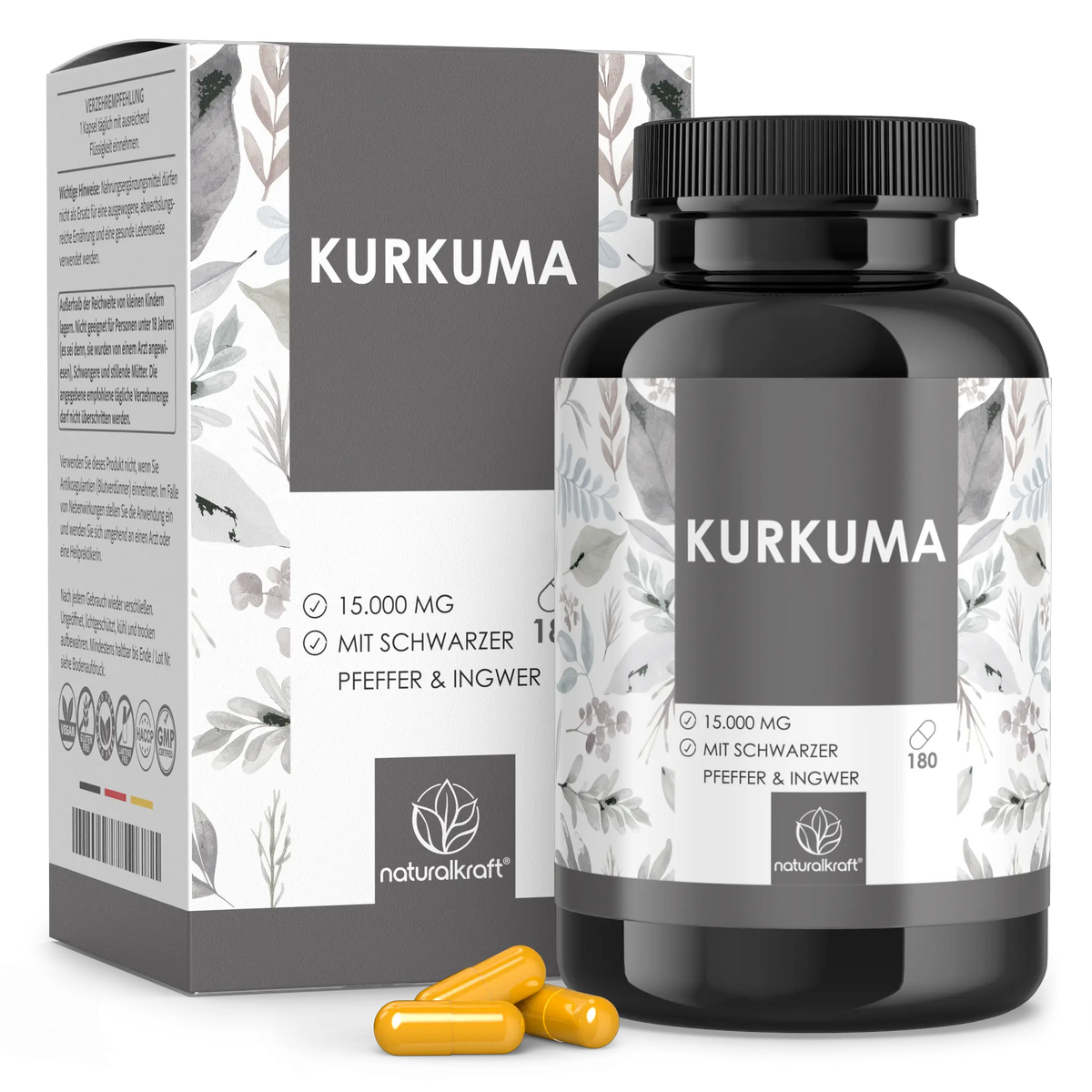 NaturalKraft Kurkuma, 180 Kapseln, Flasche mit Verpackung.