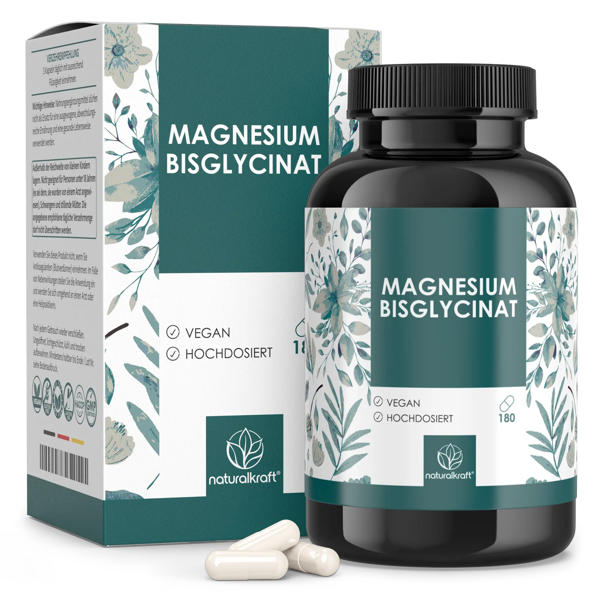 NaturalKraft Magnesium Bisglycinat, 180 Kapseln – Dose mit Umkarton und Kapseln.
