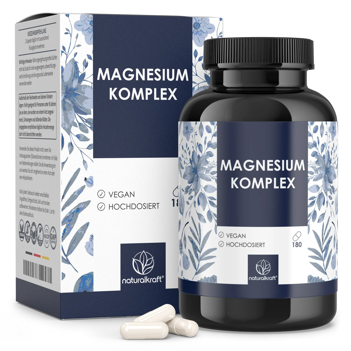 NaturalKraft Magnesium Komplex, 180 Kapseln – Dose mit Umkarton und Kapseln.