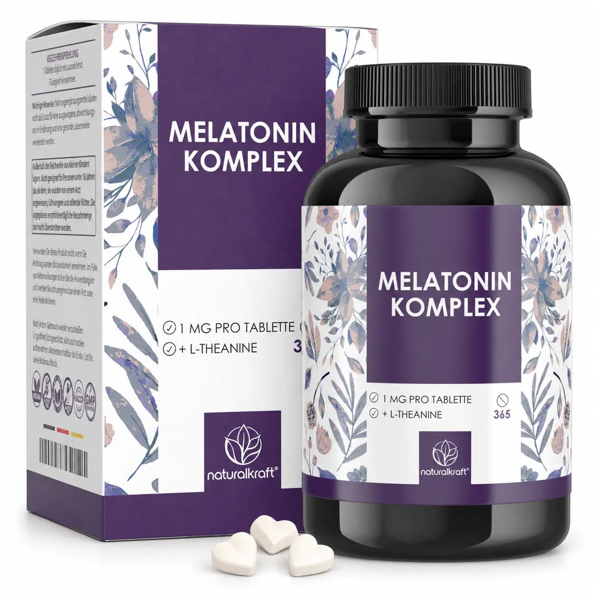 NaturalKraft Melatonin Komplex, 365 Tabletten – Dose mit Umkarton und Tabletten.