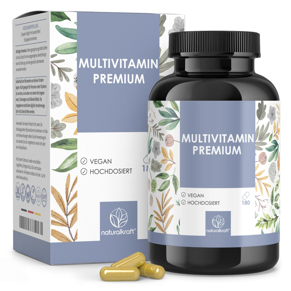NaturalKraft Multivitamin Premium, 180 Kapseln – Dose mit Umkarton und Kapseln.