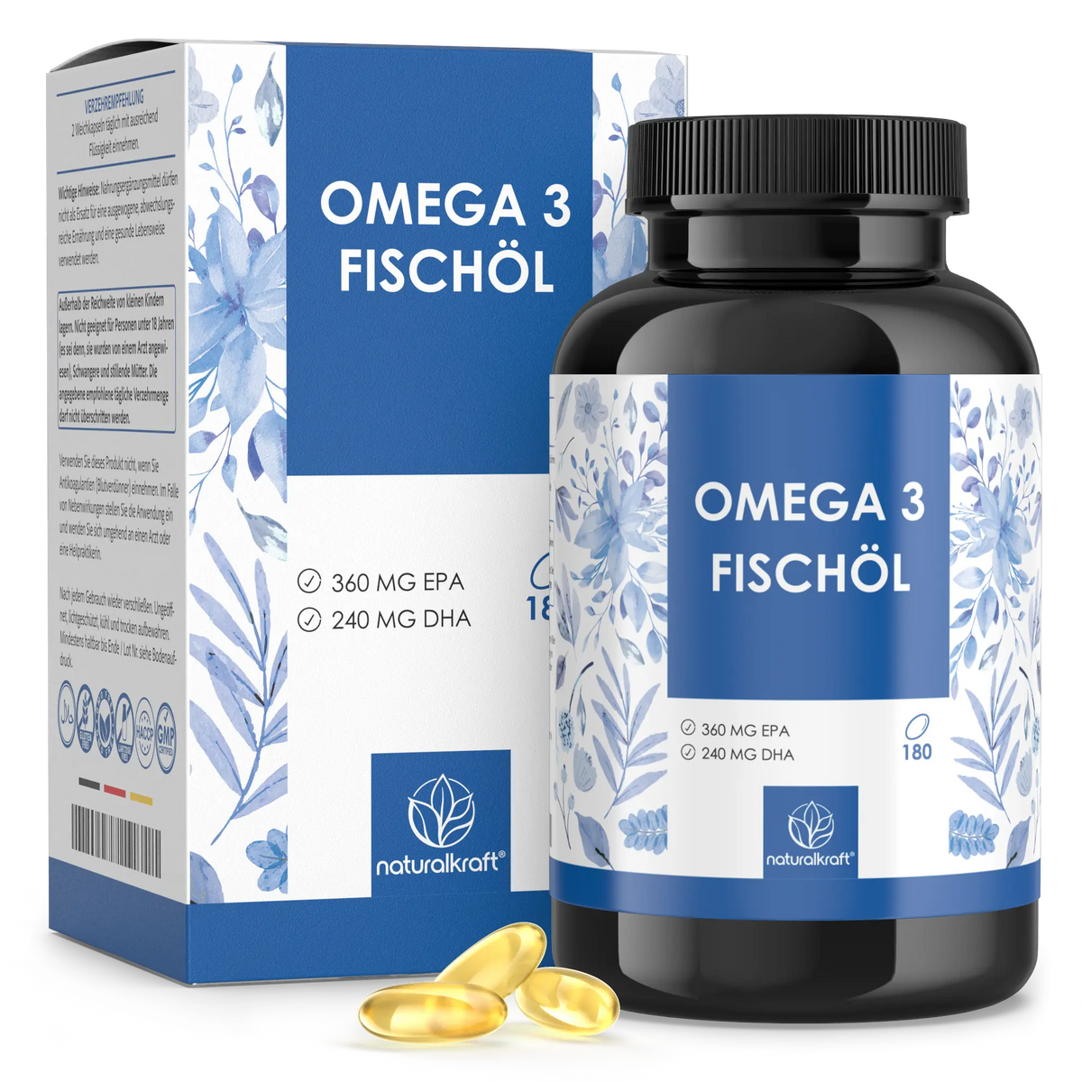 NaturalKraft Omega-3 Fischöl, 180 Weichkapseln, Flasche mit Verpackung.
