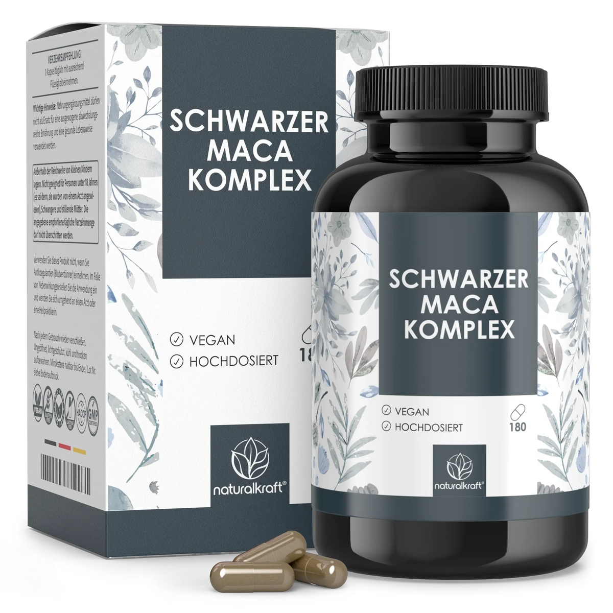 NaturalKraft Schwarzer Maca Komplex, 180 Kapseln – Dose mit Umkarton und Kapseln.