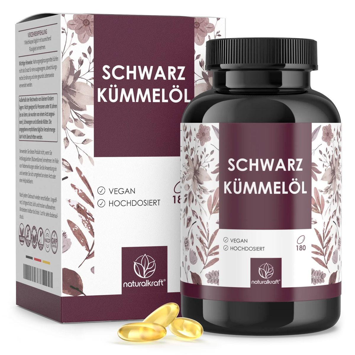 NaturalKraft Schwarzkümmelöl, 180 Weichkapseln, Flasche mit Verpackung.