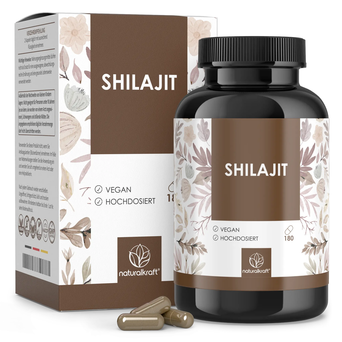 NaturalKraft Shilajit, 180 Kapseln – Dose mit Umkarton und Kapseln.