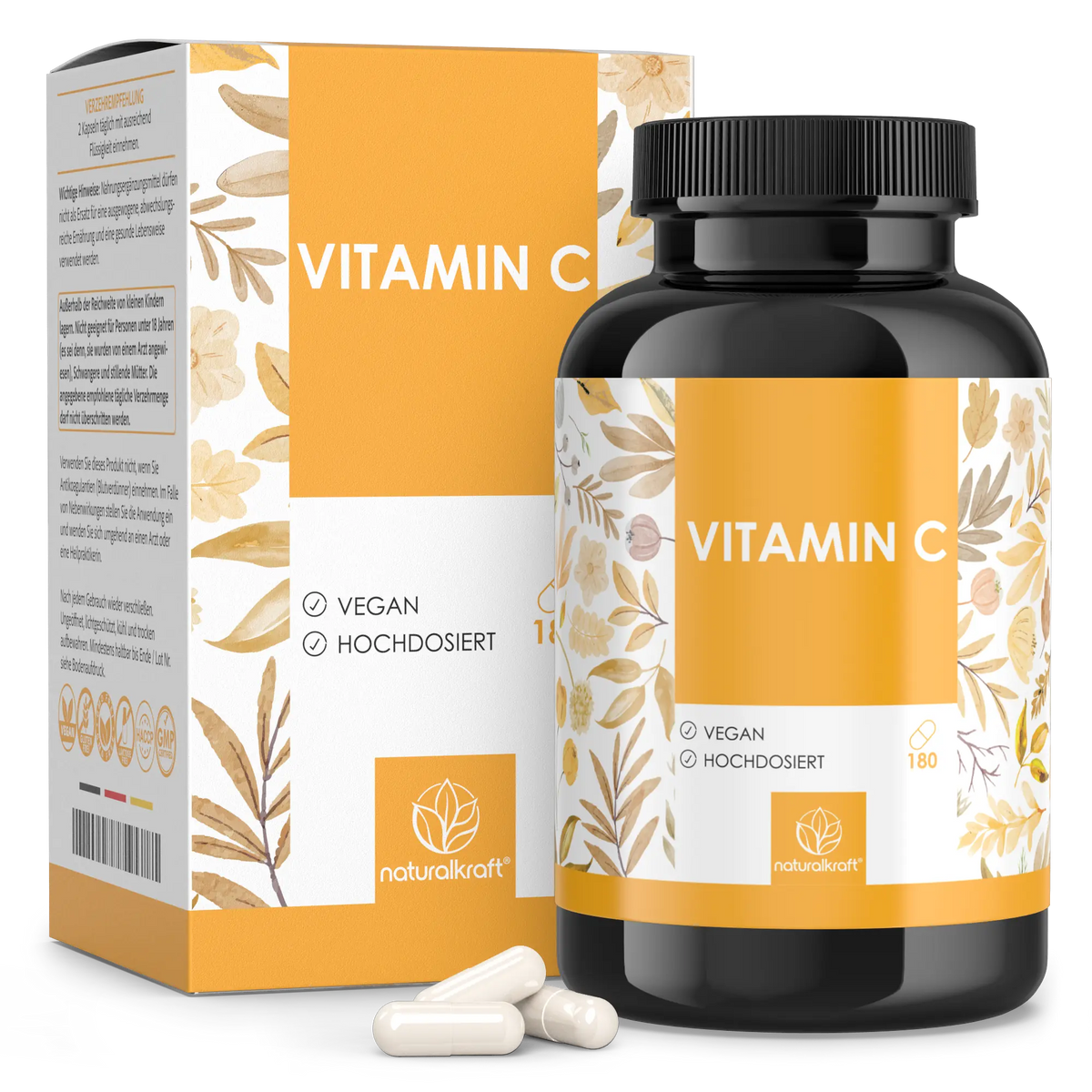 NaturalKraft Vitamin C, 180 Kapseln – Dose mit Umkarton und Kapseln.