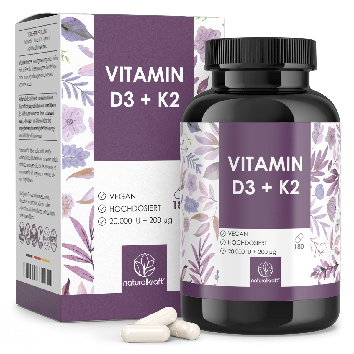 NaturalKraft Vitamin D3 + K2, 180 Kapseln – Dose mit Umkarton und Kapseln.